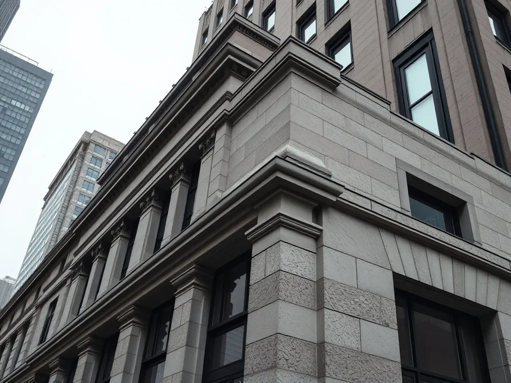 A high-detail architectural photograph of a financial distri