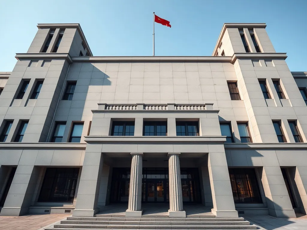A high-angle architectural photograph of a modern government