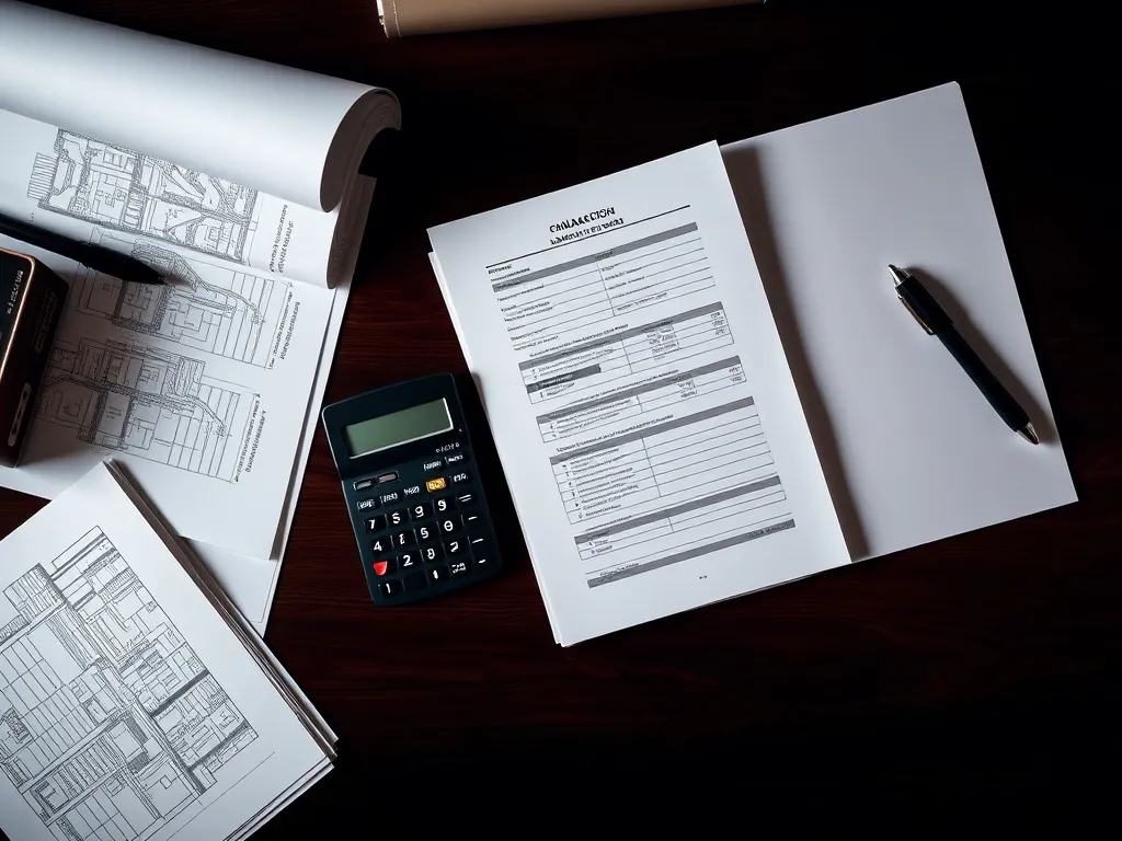 A professional overhead shot of financial ledgers, a calcula